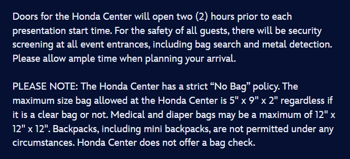 Honda Center No Bag Policy