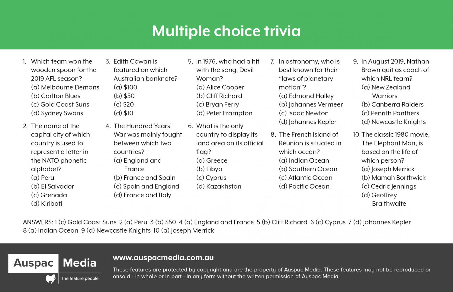 Trivia Questions and Multiple Choice Answers