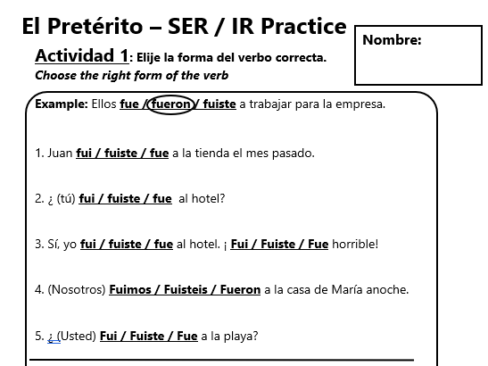 Worksheet 5.2 Preterite Tense of Ser and Ir Answers