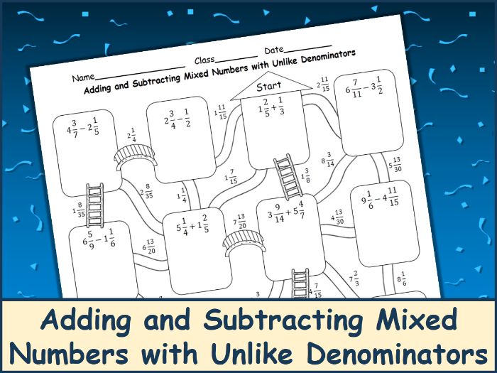 Subtracting Mixed Numbers with Unlike Denominators Worksheets